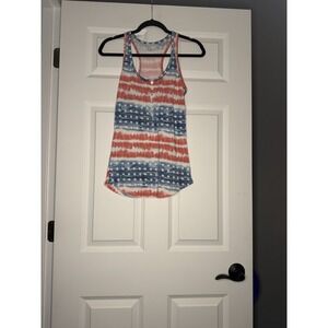 7th Ray Patriotic Sleeveless Henley Tank Top Red White Blue Stars Stripes Small